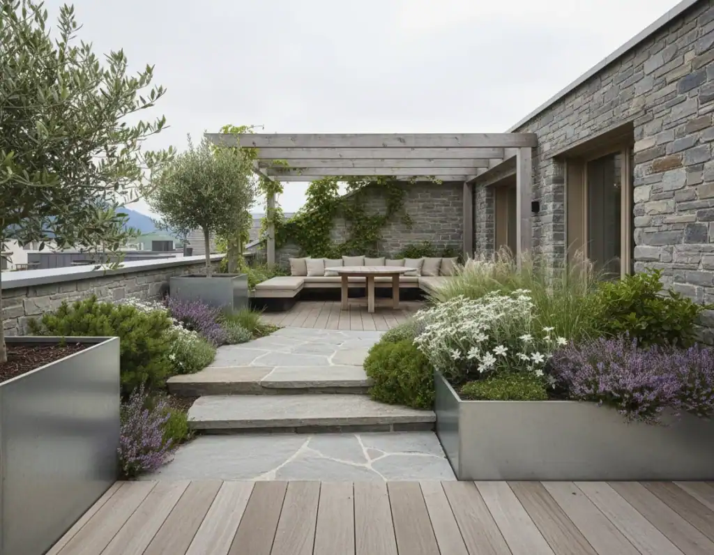 Terrasse en bois avec plantes en pot et mobilier en bois clair.
