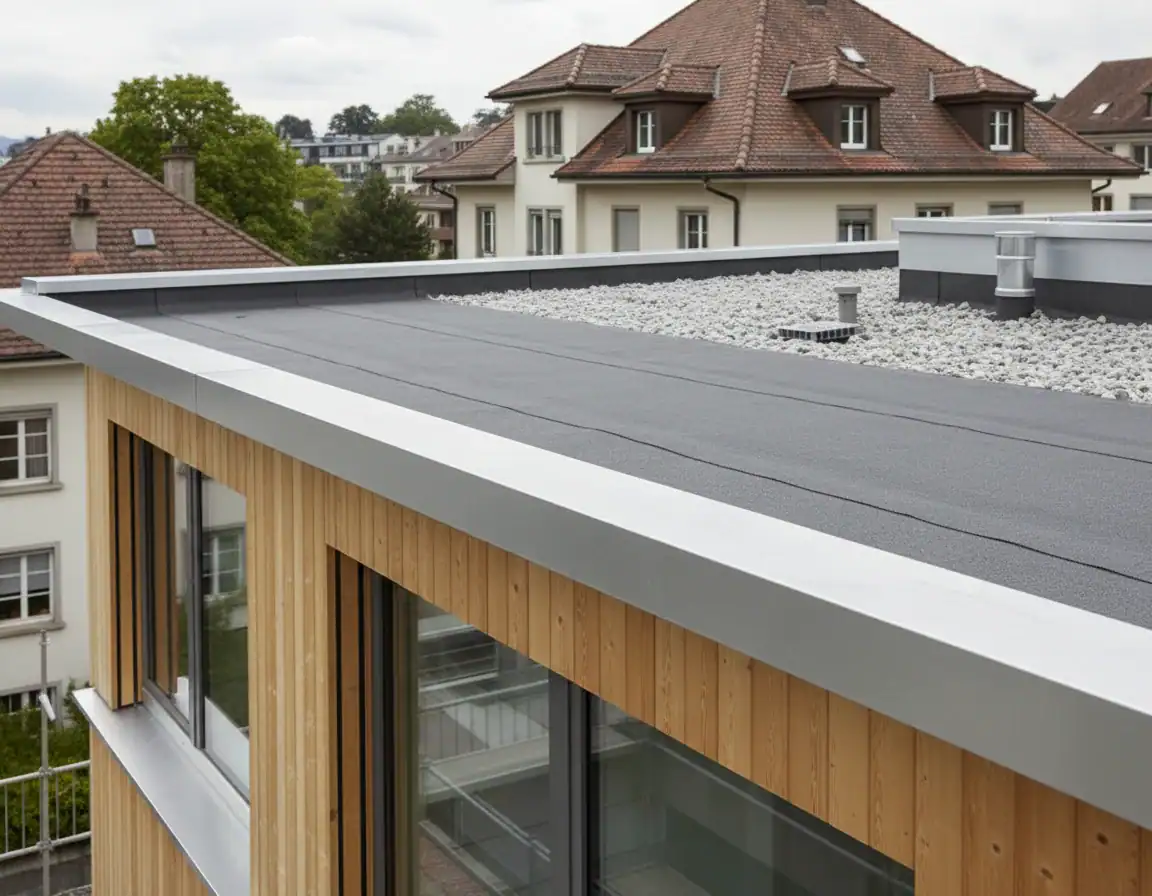 Toiture plate en membrane bitumineuse noire avec rebord en aluminium.