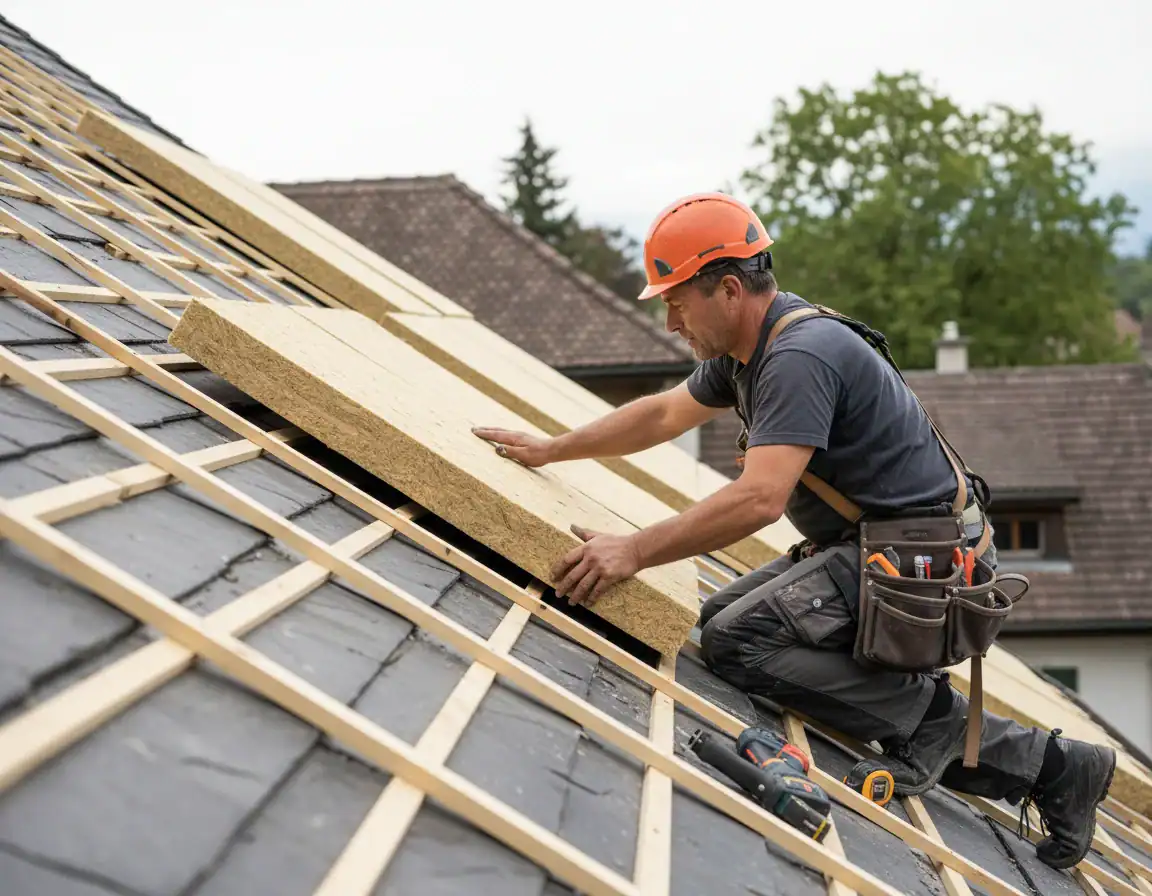 Ouvrier posant de la laine de roche sur une toiture en cours de rénovation.
