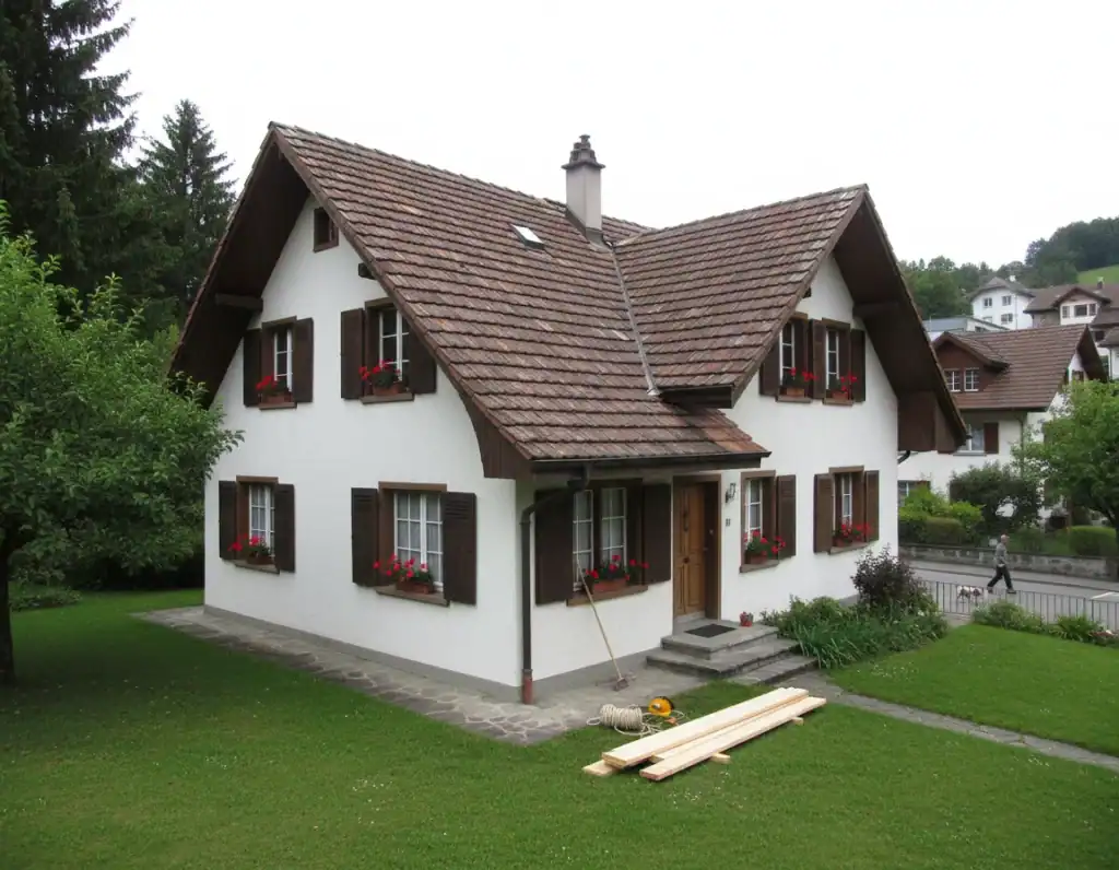 Maison à deux étages avec toiture en tuiles rouges et murs blancs.